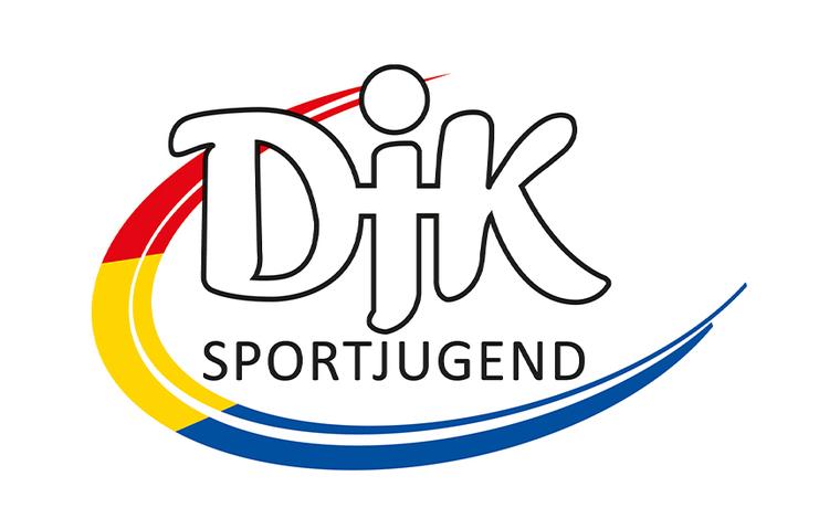 DJK Sportjugend Logo: Geschwungene schwarze Schrift "DJK" mit stilisierter Person, darunter "SPORTJUGEND", umrahmt von dynamischen Farblinien.